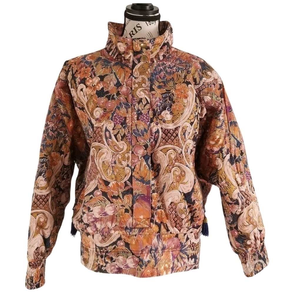 ๐จ๐ฆ Vintage 90s Baroque Fruit Print Bomber Jacket Ornate Maximalist Statement